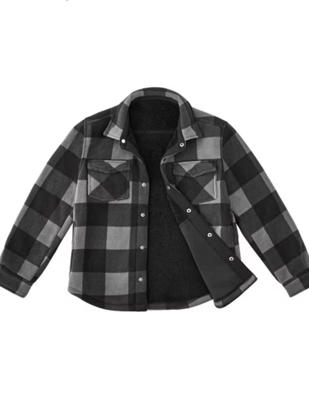 Kids Black & Gray Buffalo Plaid Sherpa-Lined Shirt Jacket